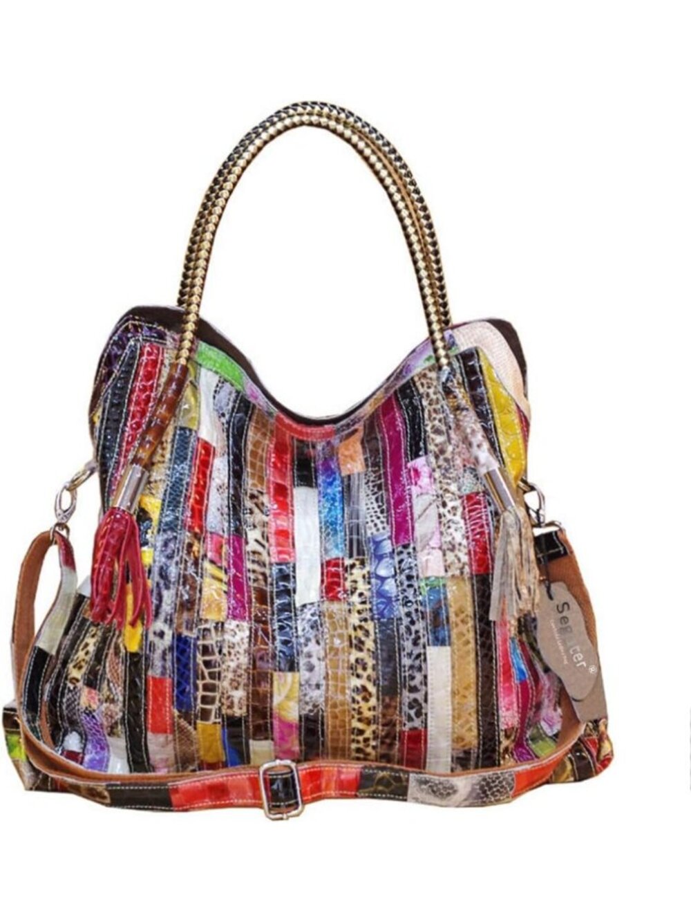 Colorful Patchwork Genuine Leather Tote Bag | Large Hobo Crossbody Handbag